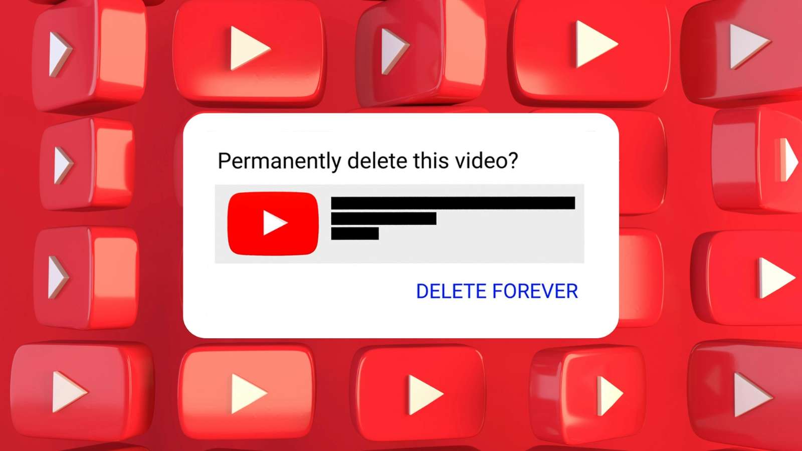 YouTube logos in the background with a pop-up in the center showing the option to permanently delete a video.