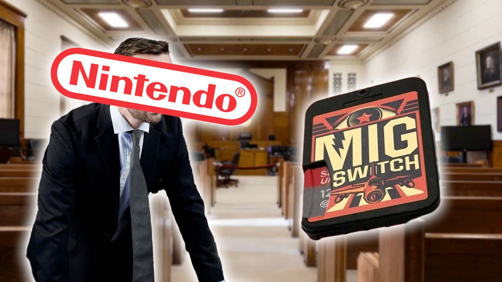 mig switch cart with lawyer with nintendo logo over face