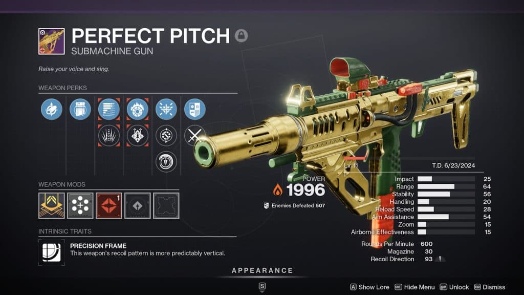 Perks and stats for the Perfect Pitch Solar SMG in Destiny 2.