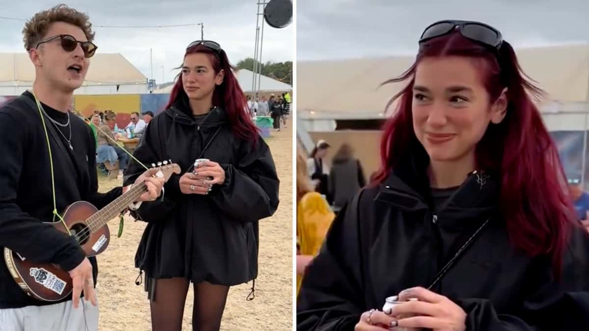 Dua Lipa reacting to ukulele singer