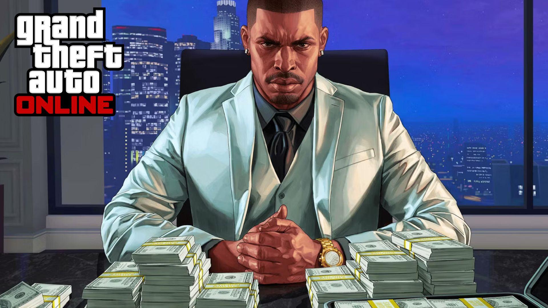 GTA Online character sat behind money on desk in white suit