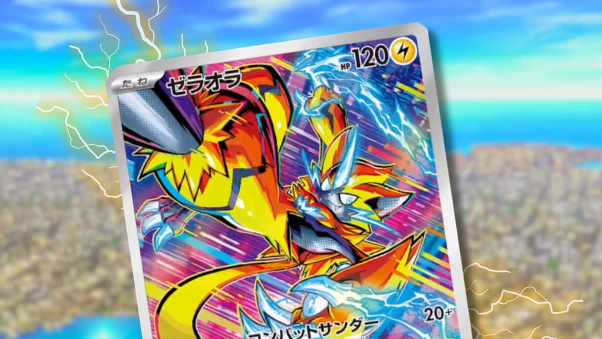 Zeraora Pokemon card with lightning bolts and anime city background.