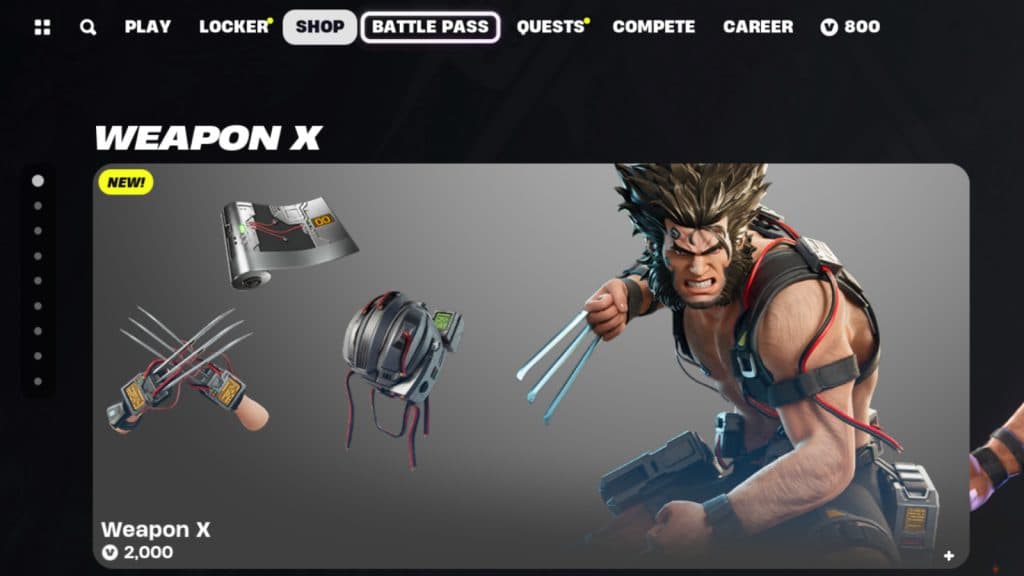 Weapon X Wolverine Fortnite skin and cosmetic bundle in the Item Shop.