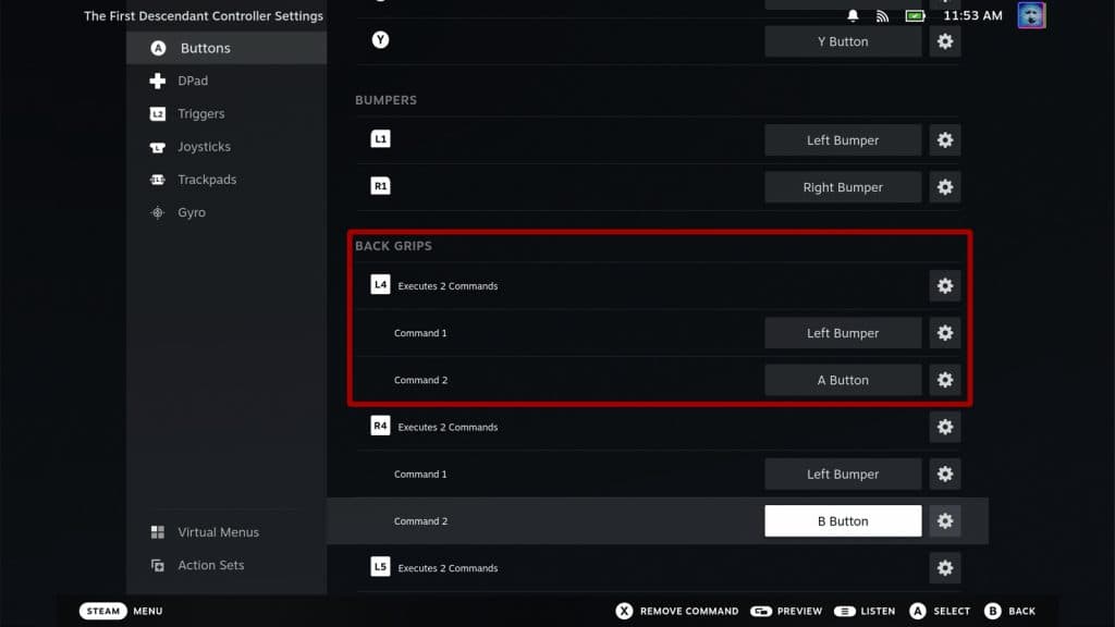 Steam Deck controller menu with a red box over the L4 button options