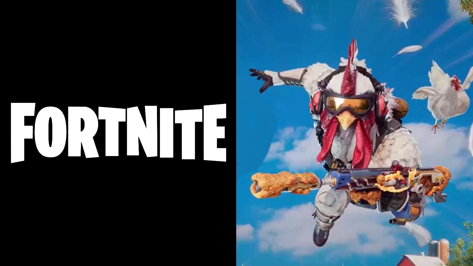 Fortnite logo on a black background next to an image of the Extra Crispy bundle in Warzone