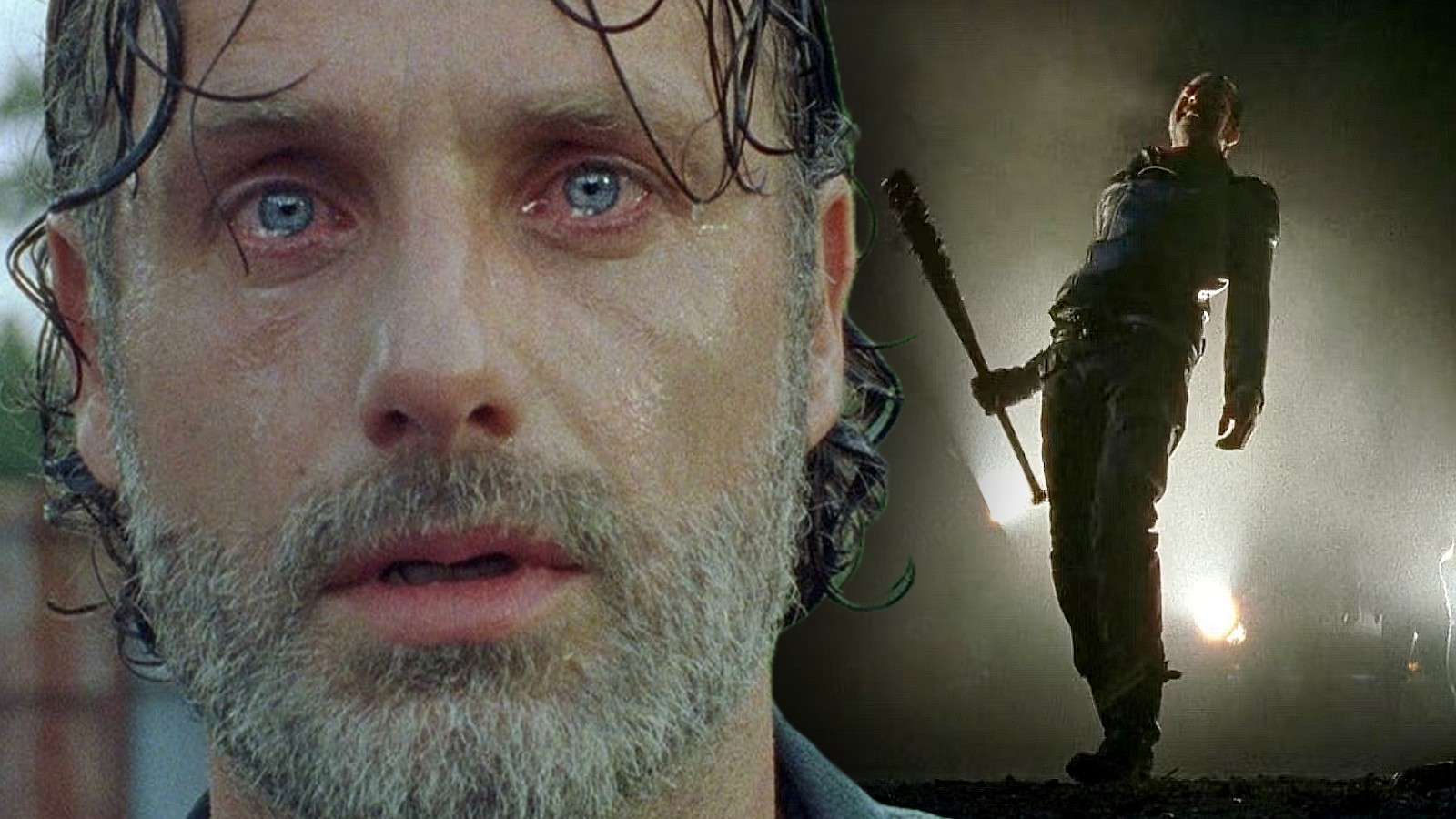 Andrew Lincoln as Rick Grimes and Negan after killing Glenn in The Walking Dead