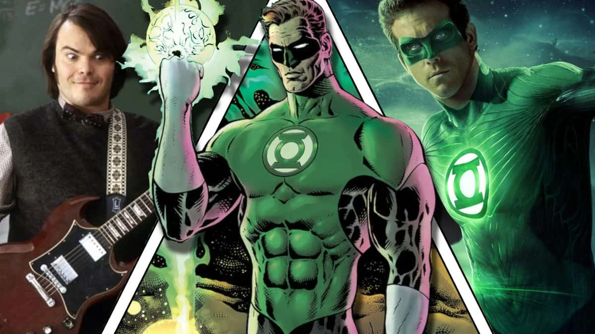 Jack Black from School of Rock, Green Lantern by Liam Sharp, and Ryan Reynolds as Green Lantern.