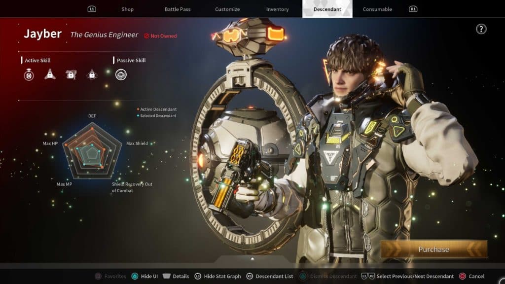 An image of Jeybar's character menu in The First Descendant.