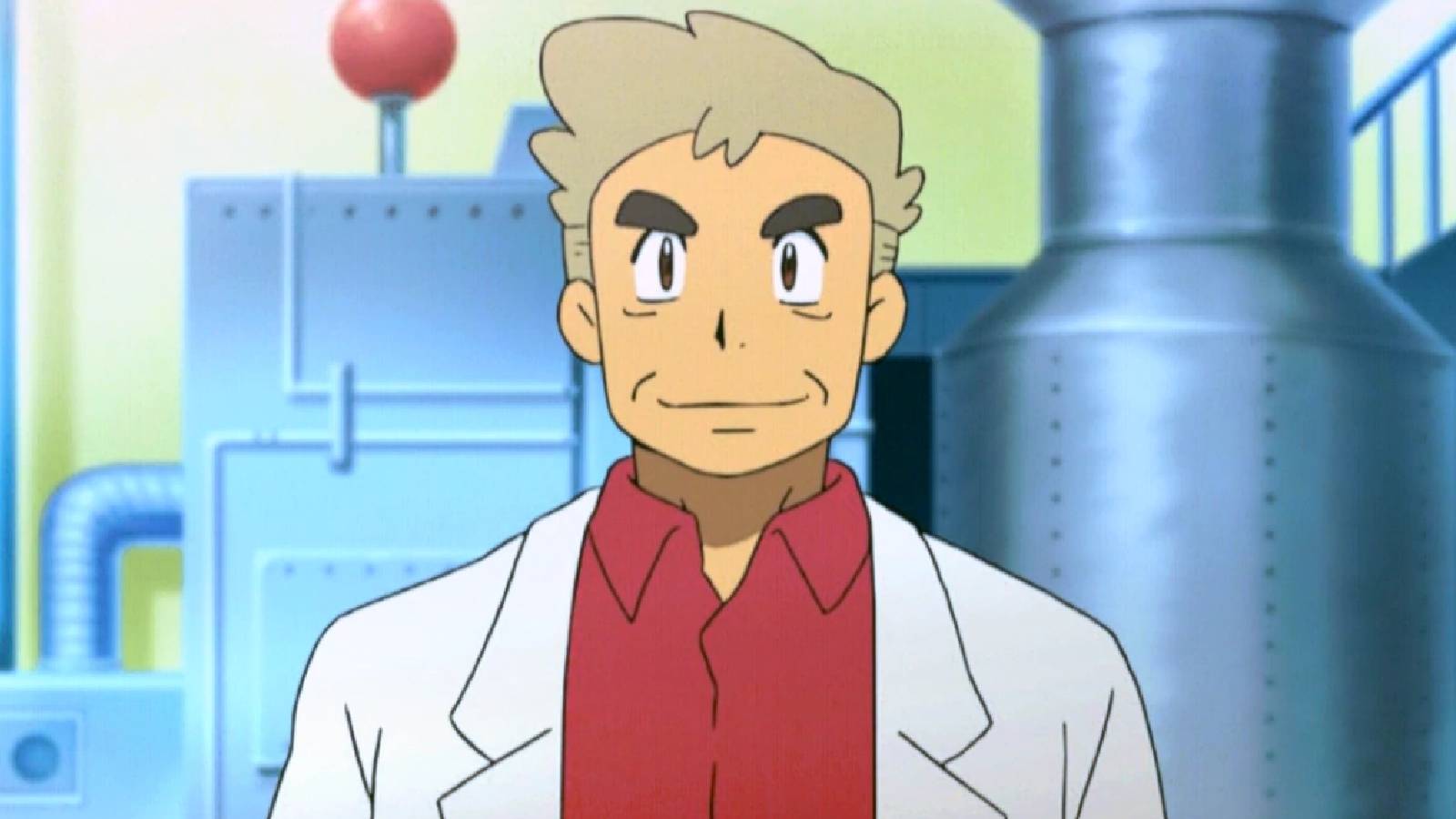 A screenshot from the Pokemon anime shows professor oak smiling