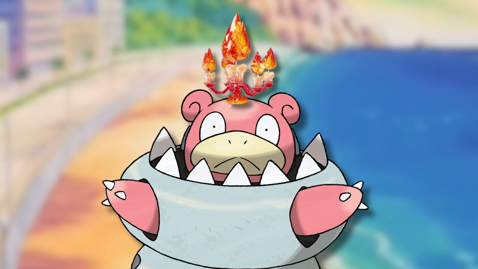 Flame Tera crown Mega Slowbro with Pokemon beach background.