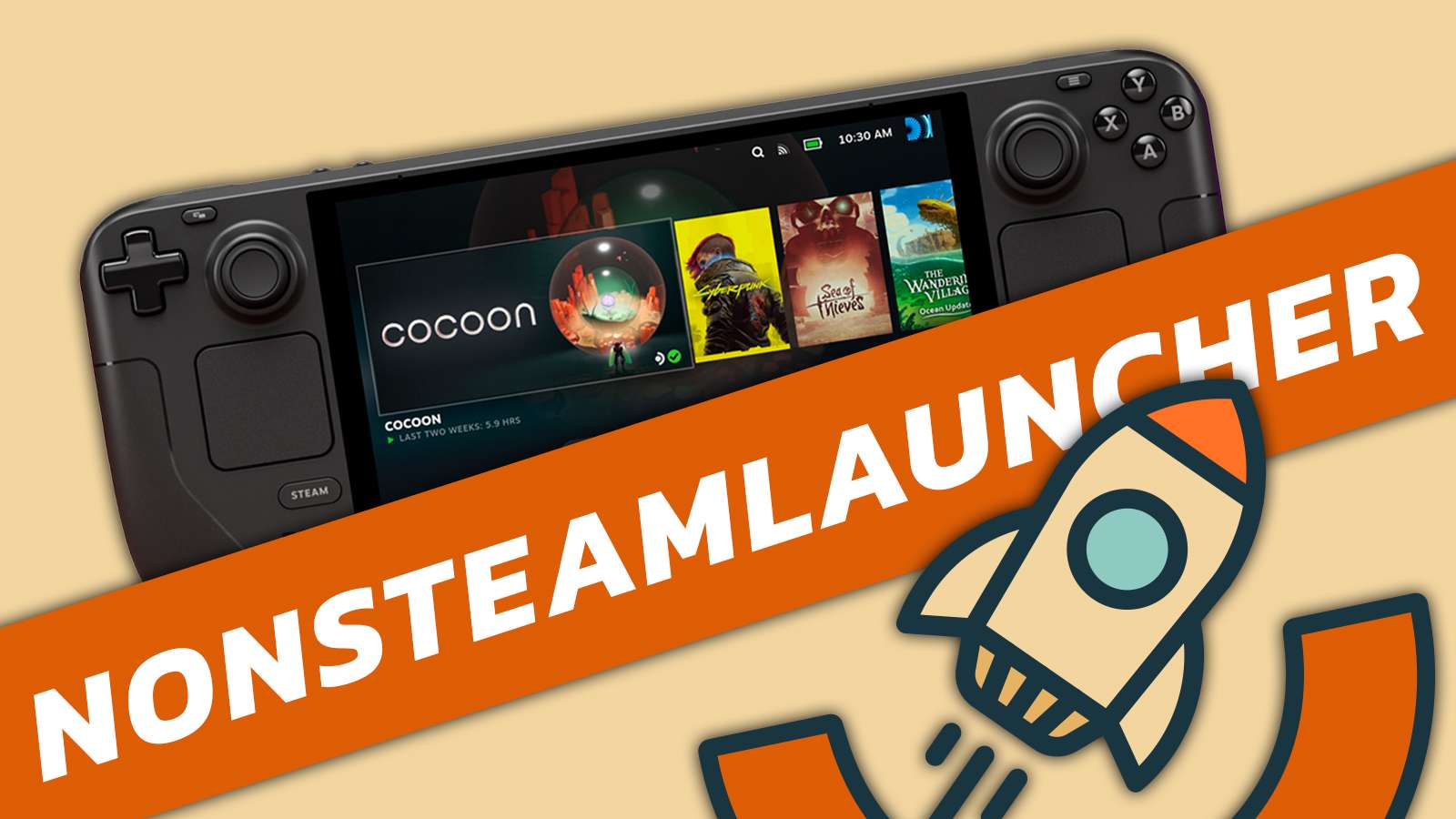 NonSteamLauncher text on an orange bar across the screen. a Steam Deck OLED and the NonSteamLauncher logo are positioned on either side
