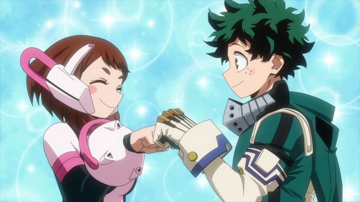 Ochako and Deku fist-bumping