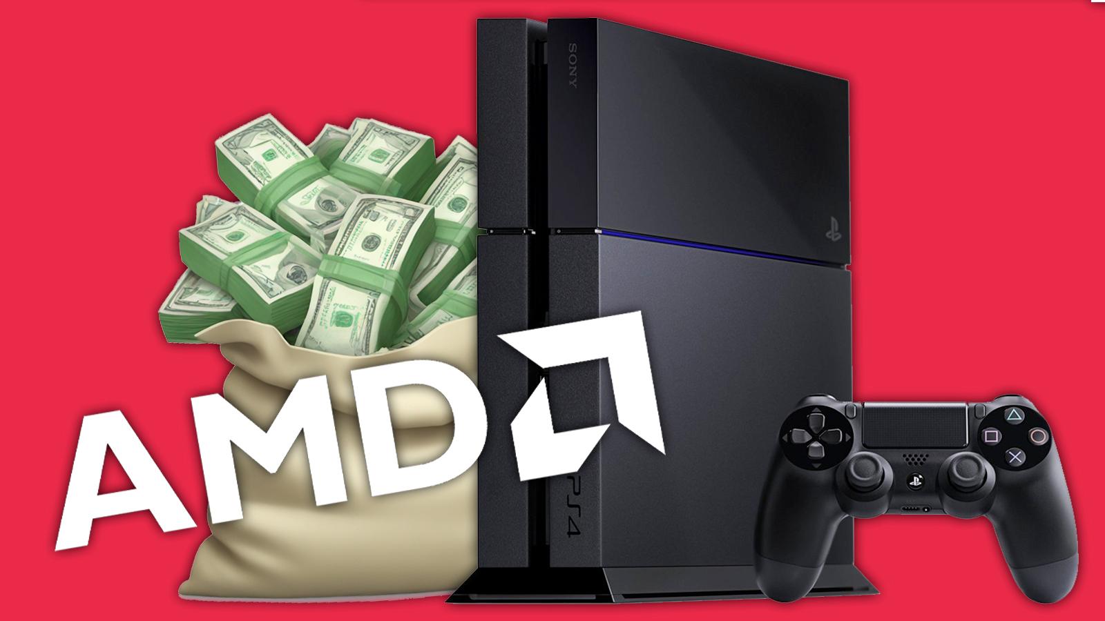 PS4 with sack of cash & AMD logo on it