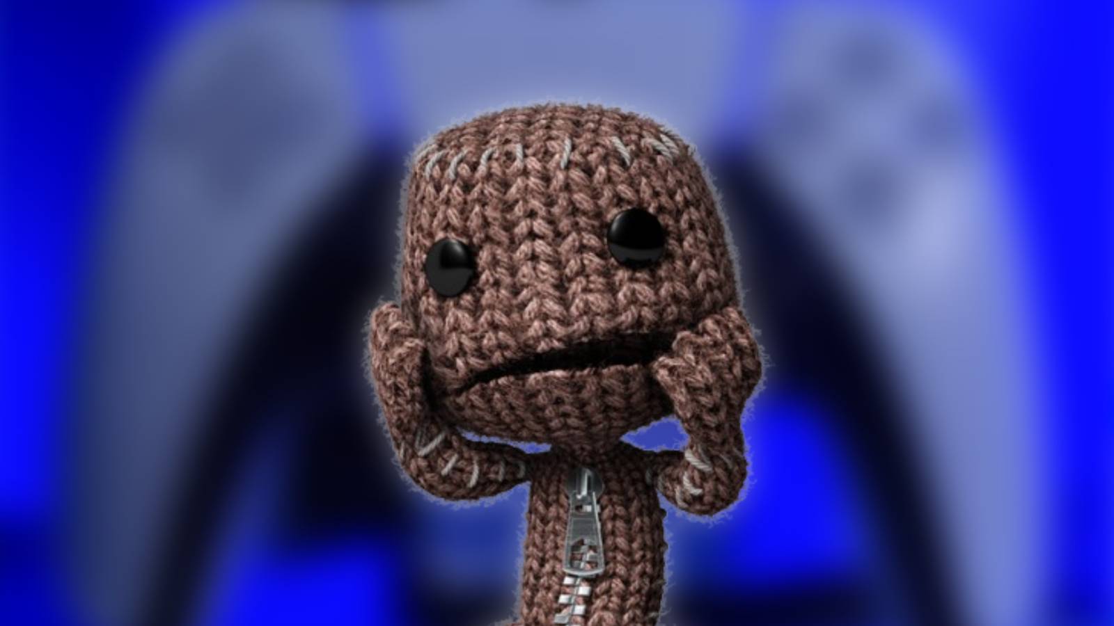 Unsplash photo of a DualSense controller by Tamara Bitter, with Sackboy from Sackboy: A Big Adventure looking confused in front.