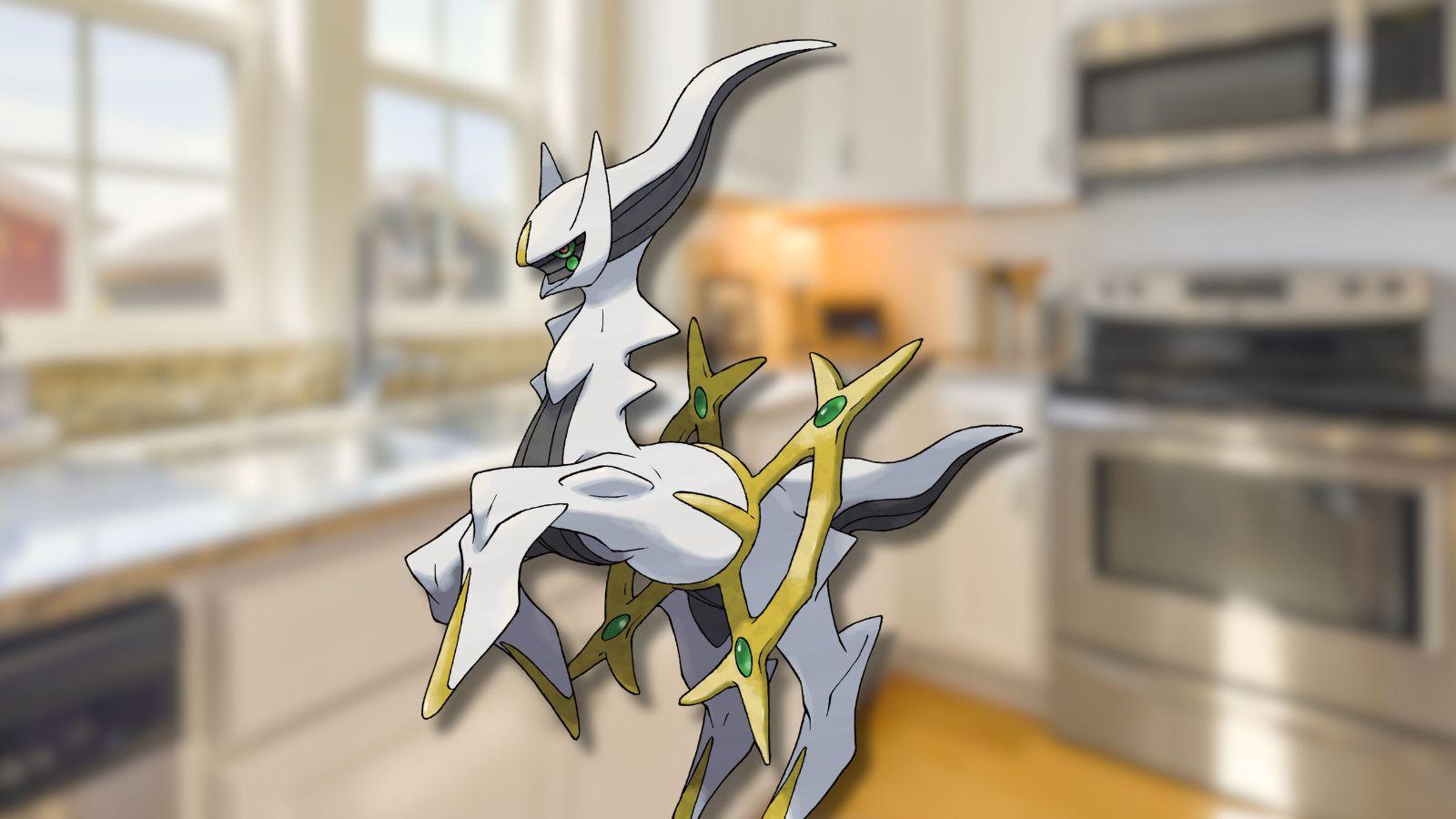 Arceus Pokemon in kitchen.