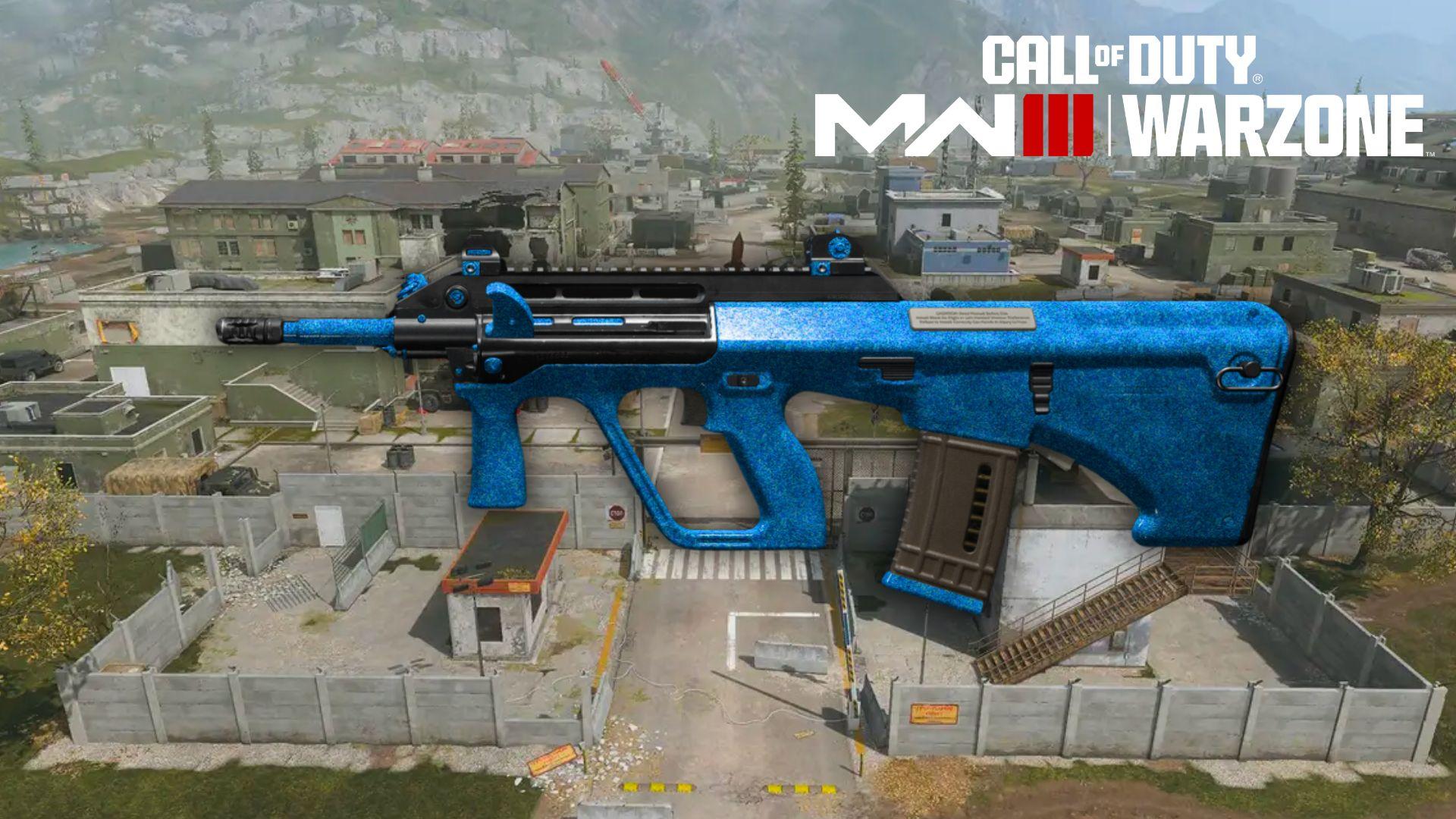 Blue STB 556 Assault Rifle in Warzone on top of Urzikstan map