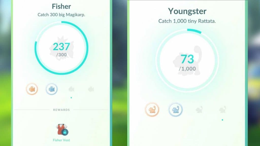 Screenshots from Pokemon Go show medals and their challenges