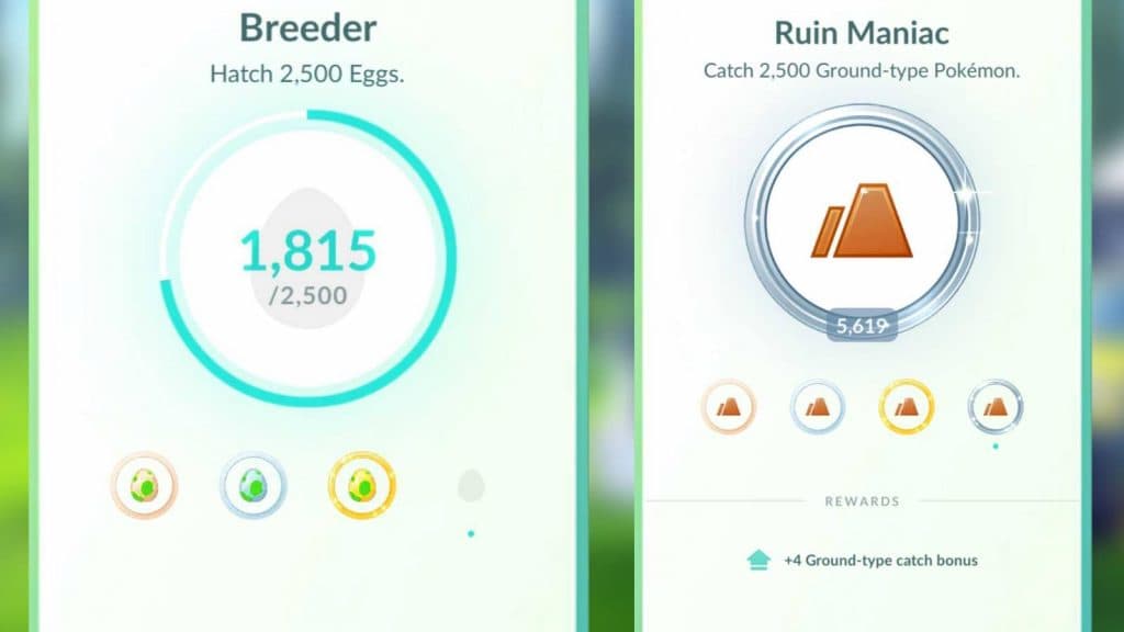 Screenshots from Pokemon Go show medals and their challenges