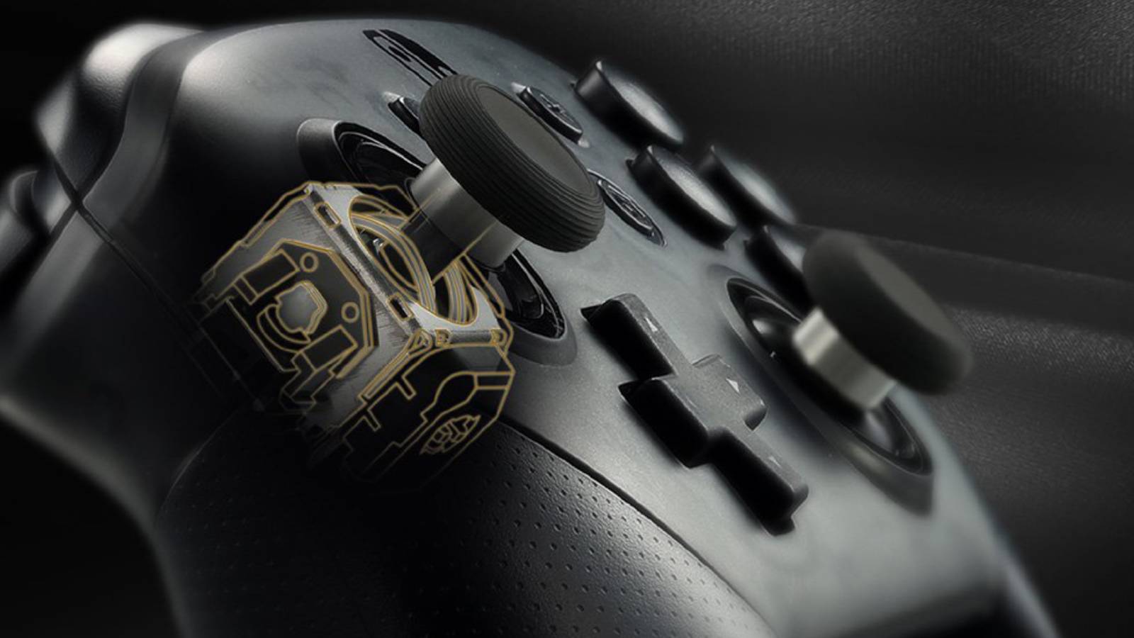 Promotional image of a Switch Pro controller with the GuliKit TMR Electromagnetic stick.