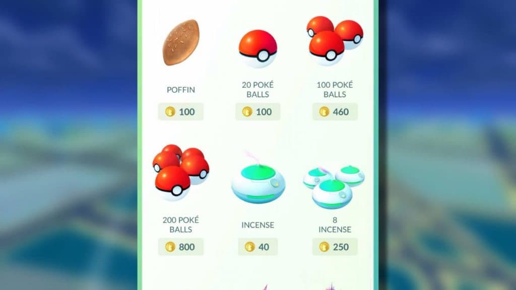 A screenshot from Pokemon Go shows the shop with Incense on sale