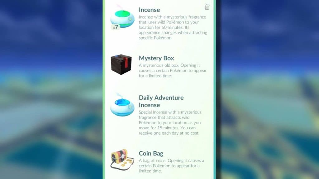 A screenshot from the Pokemon Go menu shows different types of Incense