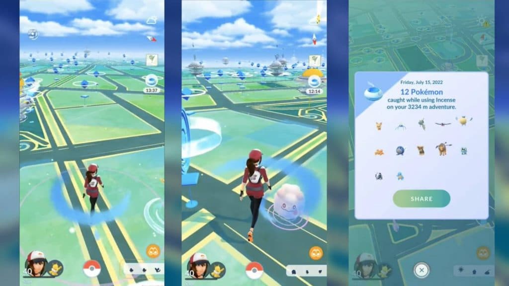 Screenshots from Pokemon Go show how to use the Daily Adventure Incense