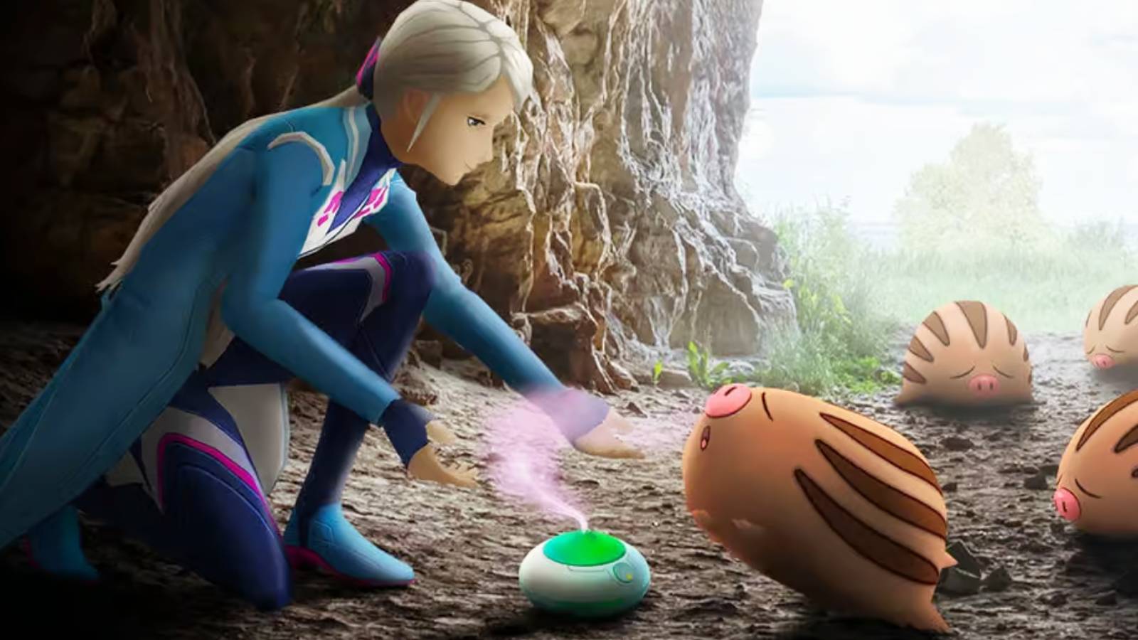 Key art for Pokemon Go shows a trainer interacting with a Swinub over an incense