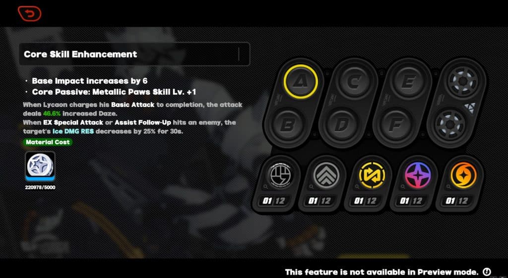 A screenshot of Core Skill Enhancements from Zenless Zone Zero