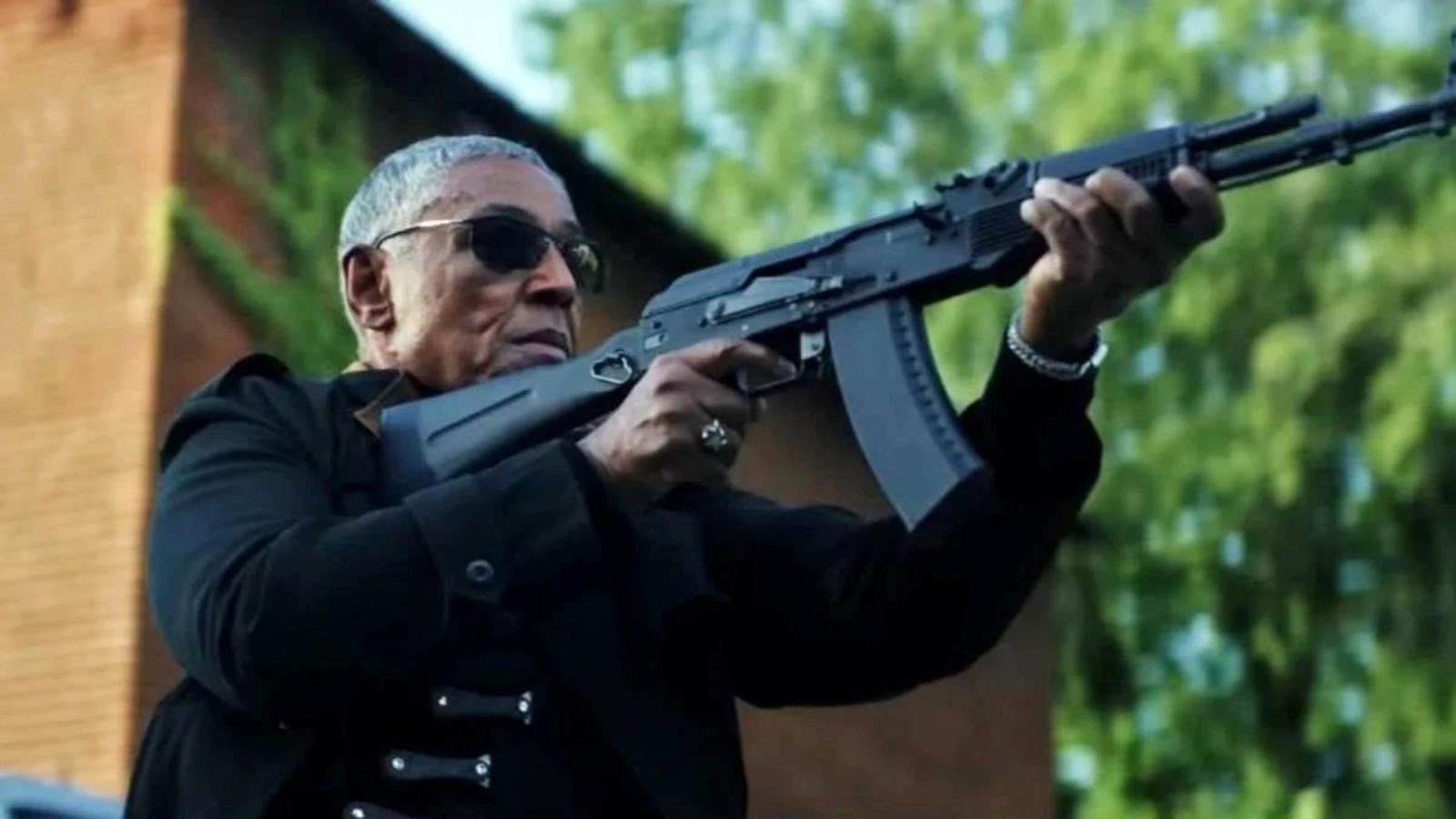 Giancarlo Esposito in the Captain America 4 trailer, holding a gun