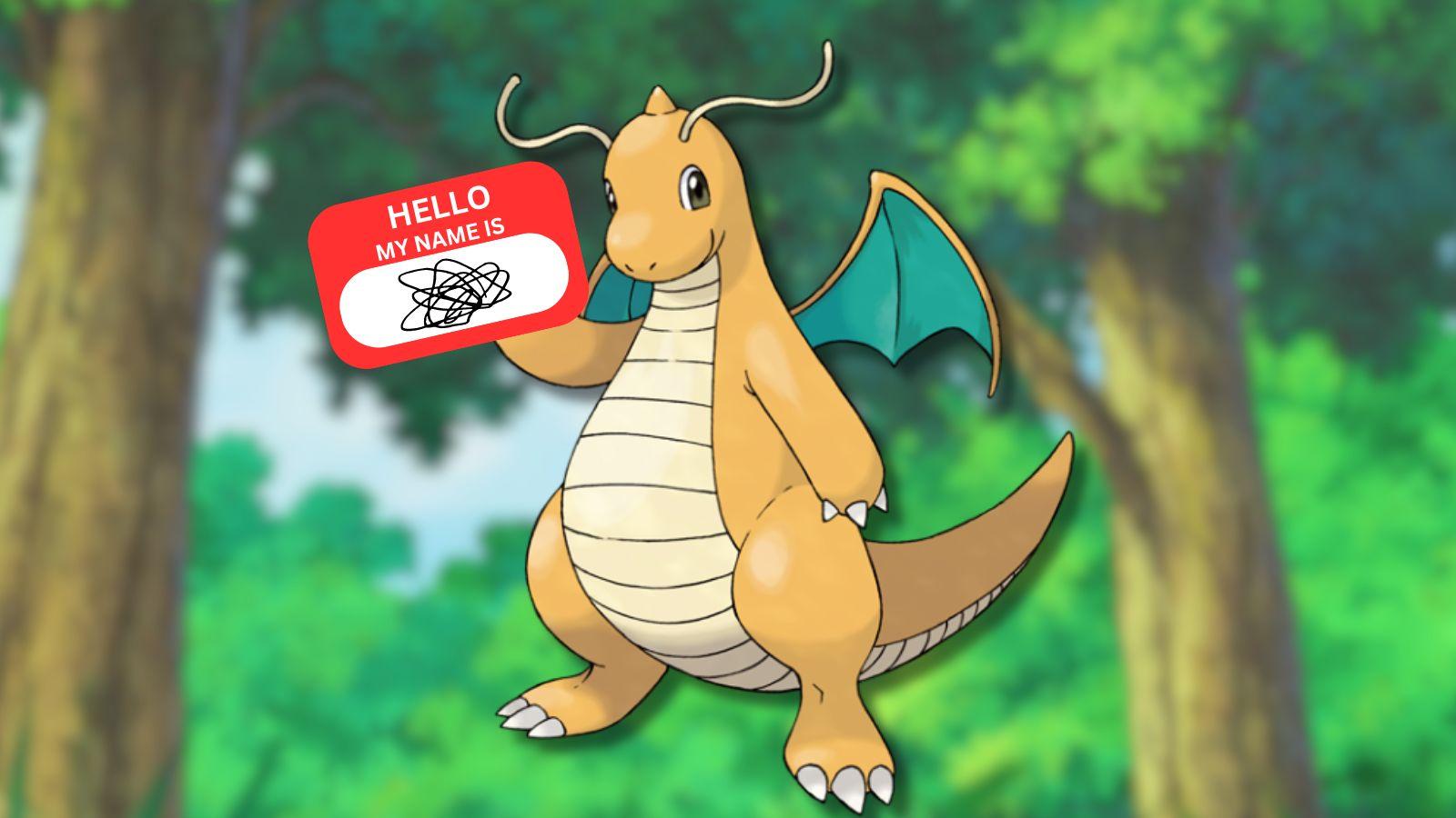 Dragonite with a name tag and Pokemon anime forest background.