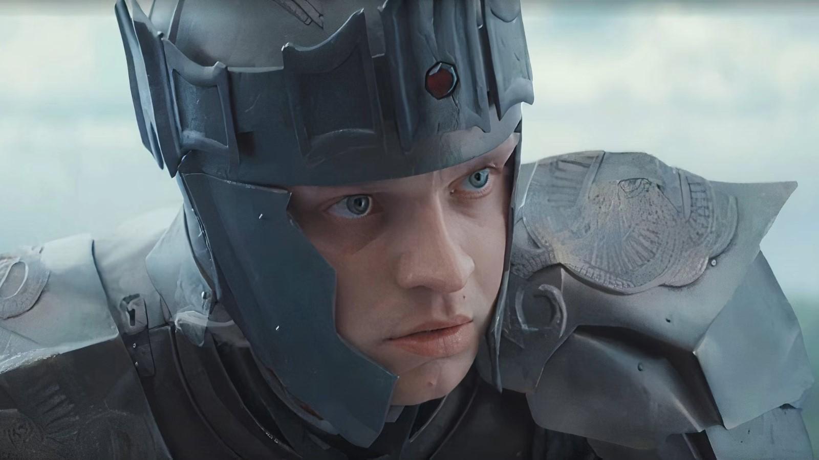Tom Glynn-Carney as Aegon in House of the Dragon wearing his battle armor on top of a dragon