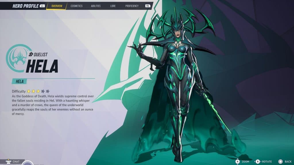 An image of Hela's hero screen in Marvel Rivals.