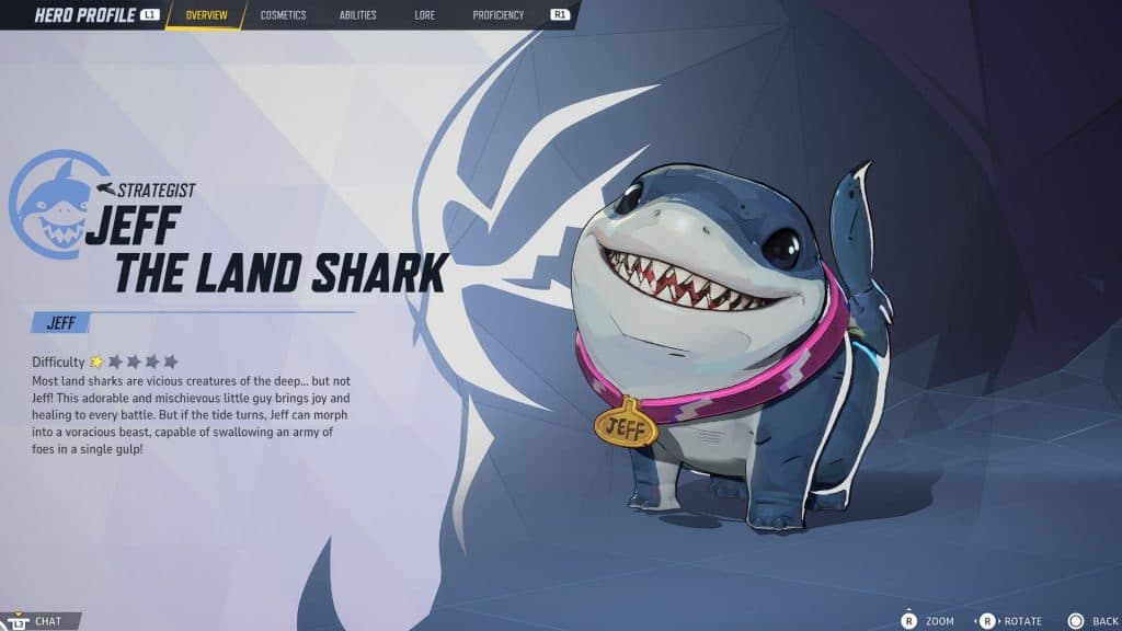 A screenshot of Jeff the Land Shark's hero screen in Marvel Rivals.