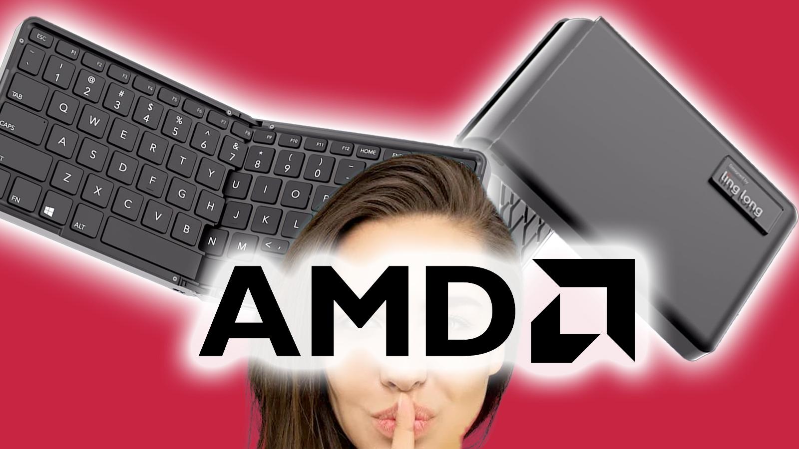 LingLong foldable keyboard mini PC with stock image of a woman holding her fingers to her lips with the AMD logo appended on top