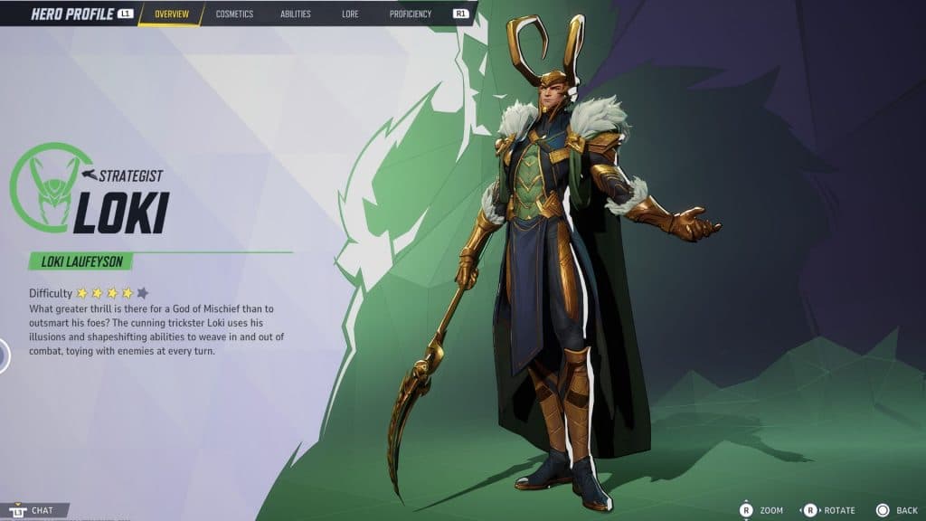 A screenshots of Loki's hero screen in Marvel Rivals.