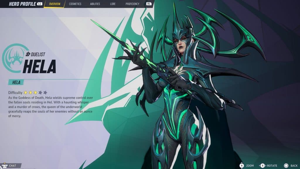 An image of Hela's hero screen in Marvel Rivals.