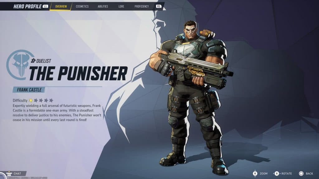 An image of The Punisher's hero screen in Marvel Rivals.