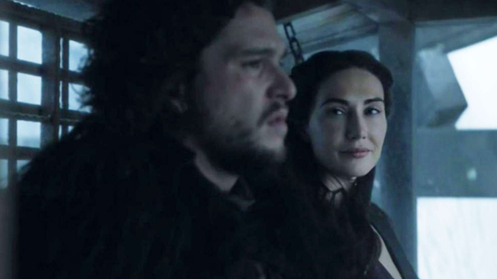 Kit Harrington as Jon Snow and Carice van Houten as Melisandre in Game of Thrones
