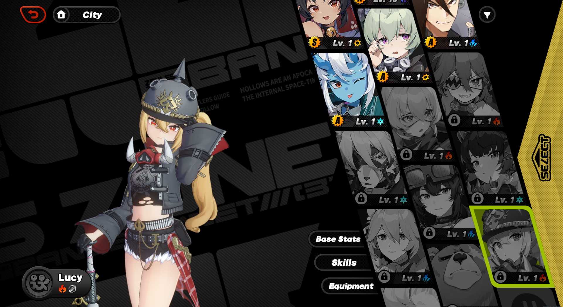 A screenshot of Lucy from the character menu