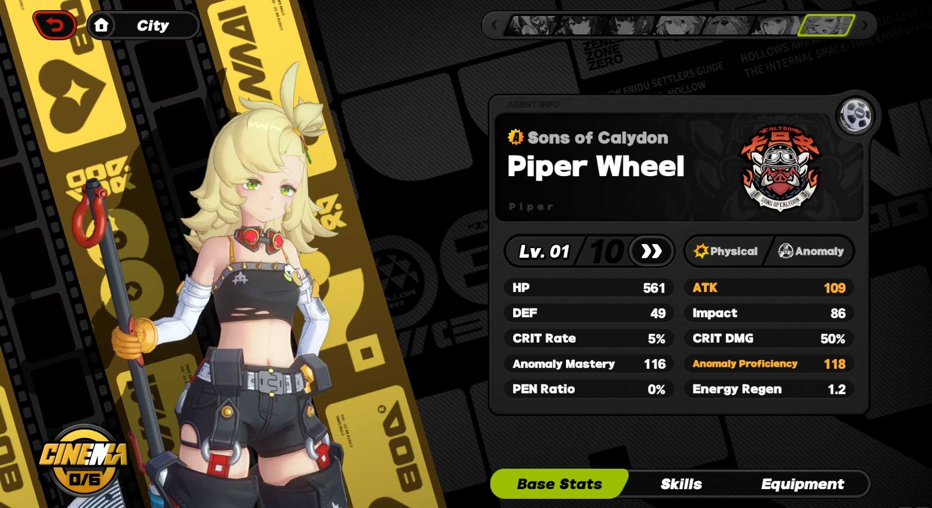 Piper Base stats in Zenless Zone Zero