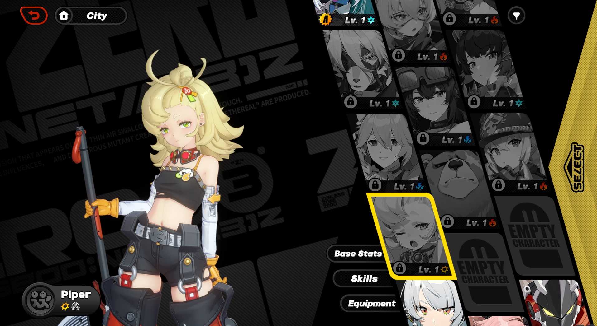 A screenshot of Piper from the character menu