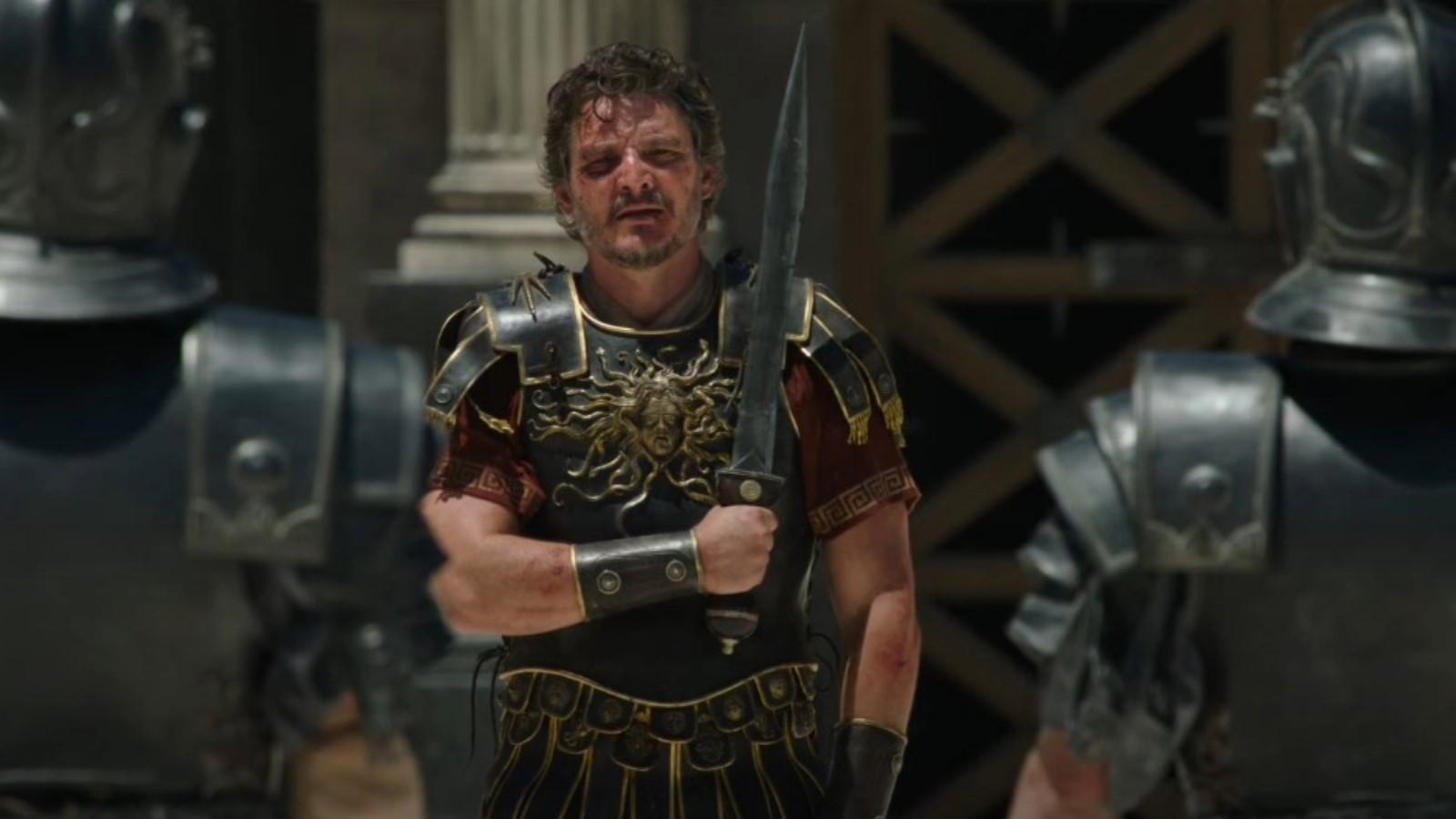 Gladiator 2 trailer: Pedro Pascal holding a sword to his chest