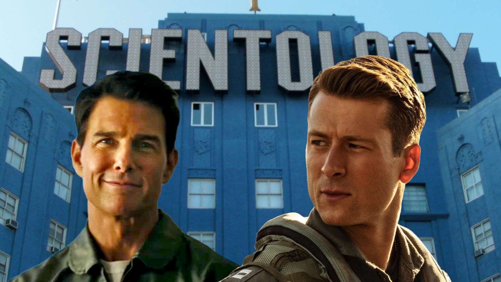 Tom Cruise and Glen Powell in Top Gun: Maverick, with the Scientology church behind them
