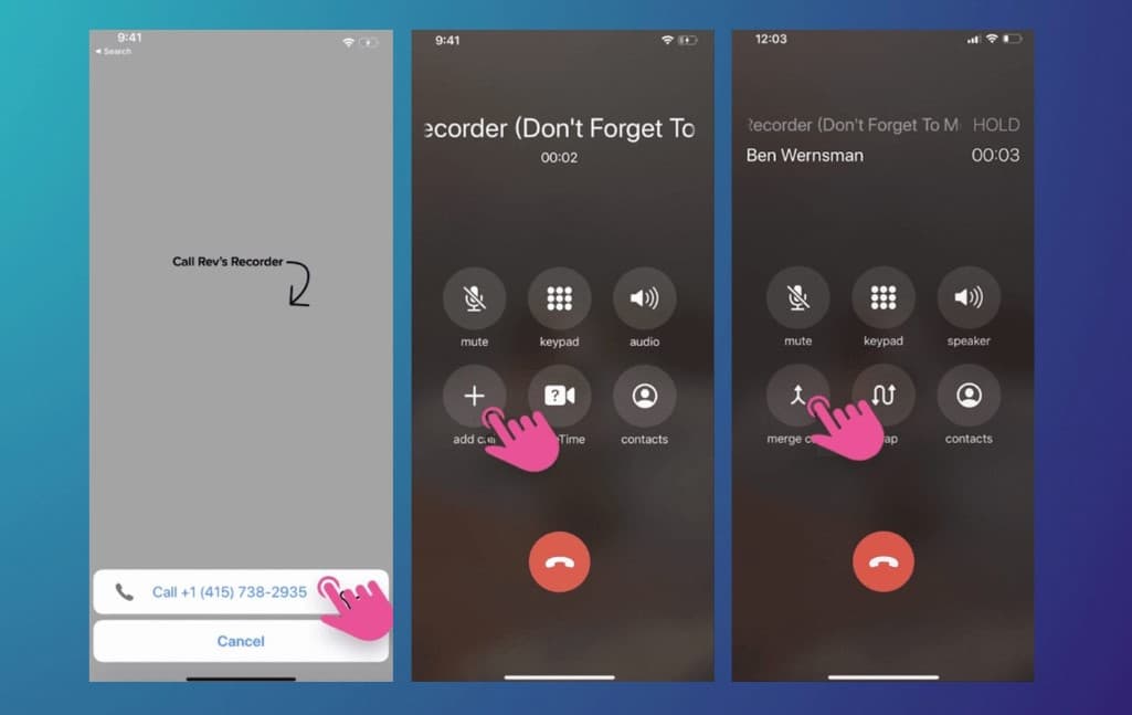 Screenshot showing steps to record outgoing iPhone calls on Rev