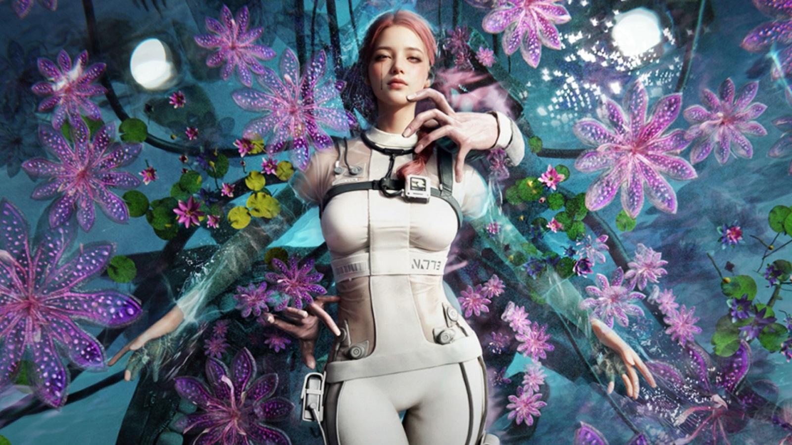 Girl in a space suit laying down in a field