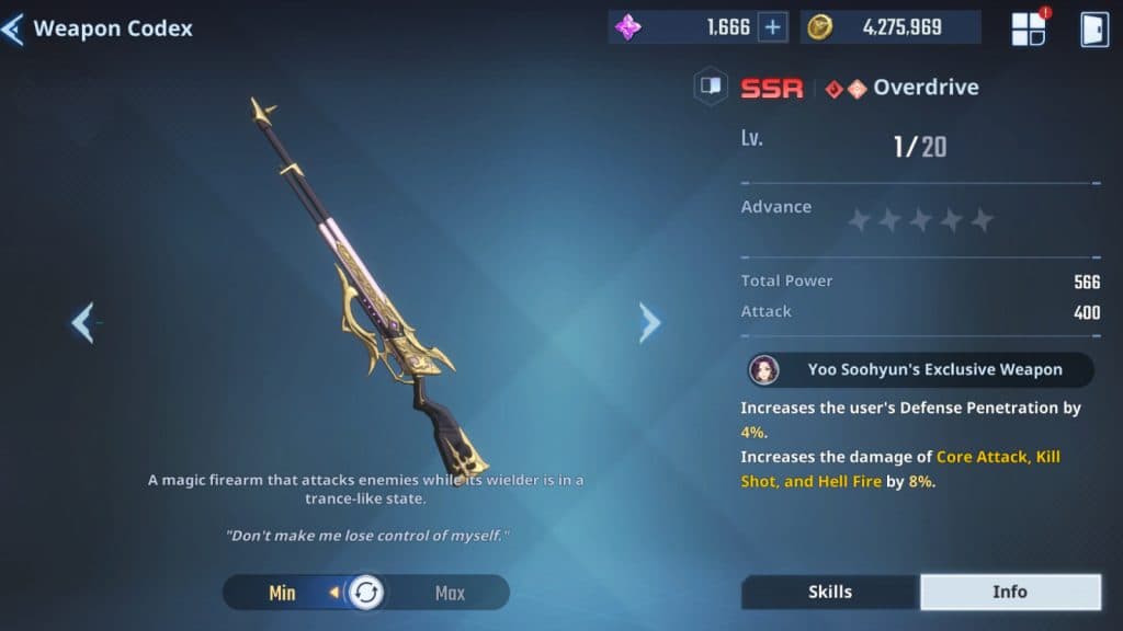Overdrive hunter-exclusive weapon for Yoo Soohyun in Solo Leveling: Arise.