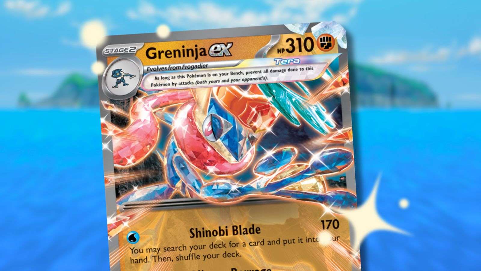 Greninja ex with Pokemon anime background and sparkles.