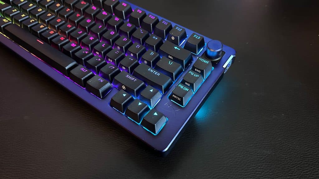 HyperX Alloy Rise right side view RGB on with blue top plate