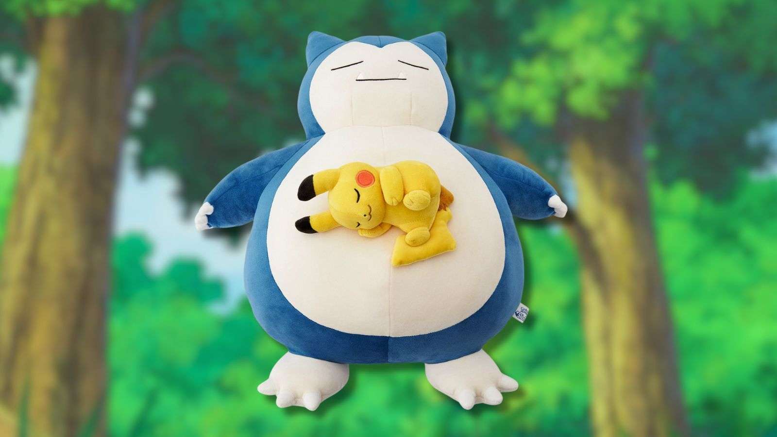 Sleeping Snorlax and Pikachu plush with Pokemon anime background.