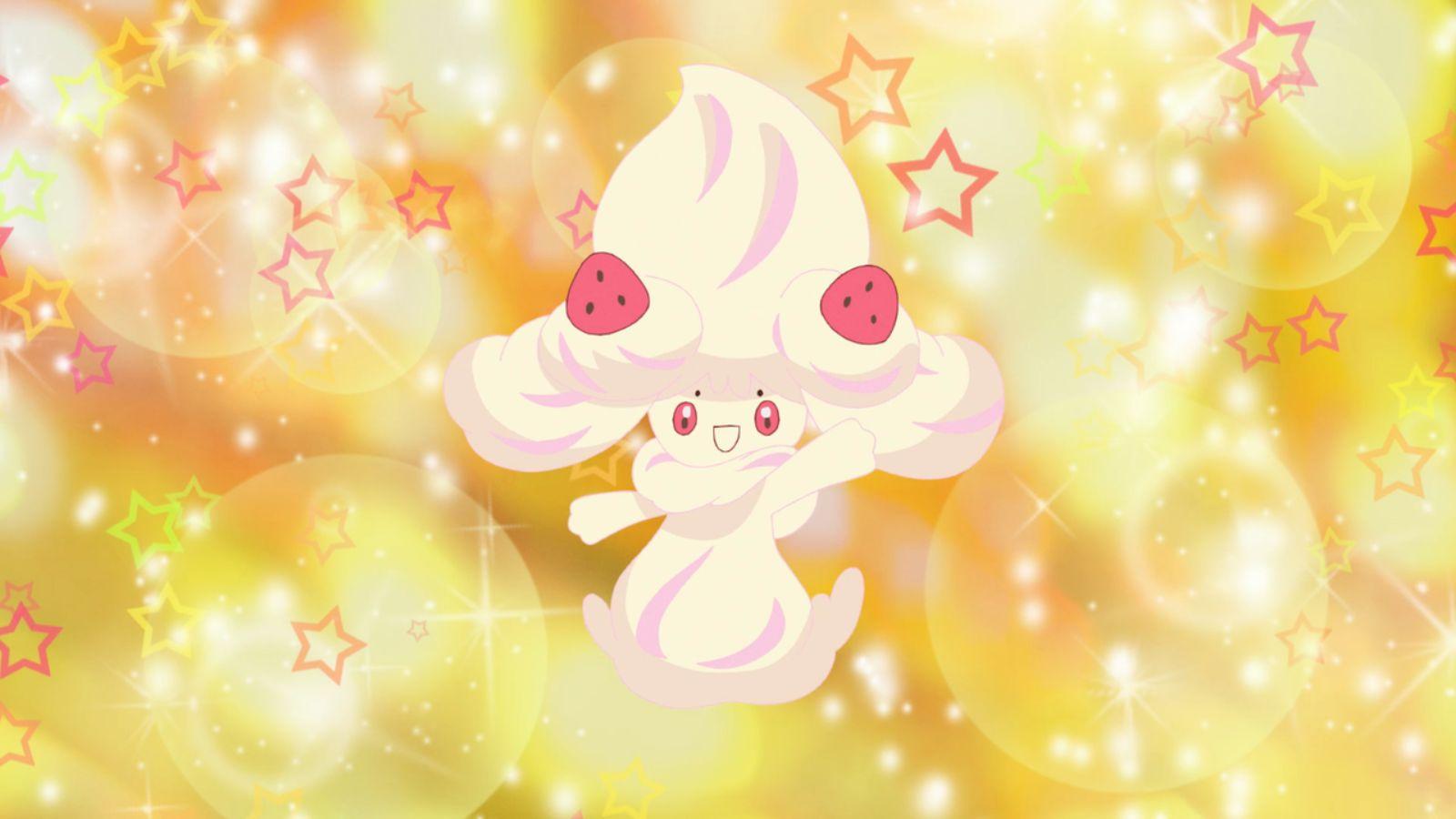 Alcremie Pokemon with sparkly background from anime.